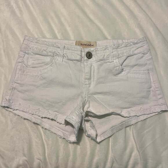 Rewind Pants - Rewind Low Rise Lace Trim White Denim Micro Mini Shorts